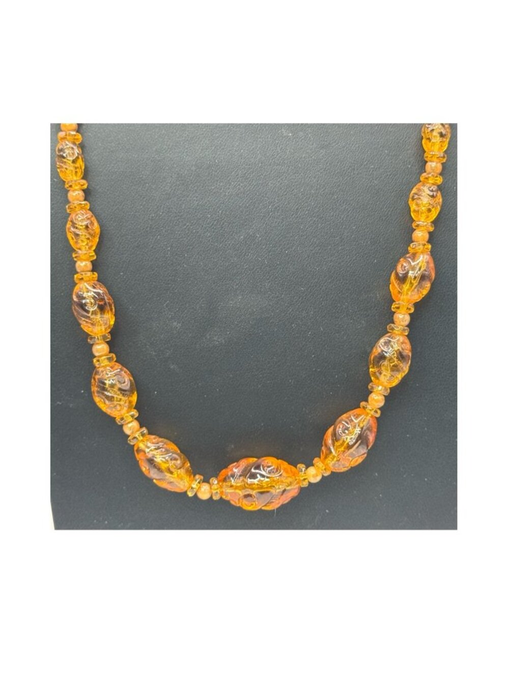 Vintage Amber Glass Beaded Necklace Carved Spiral Barrel Clasp 24" Statement